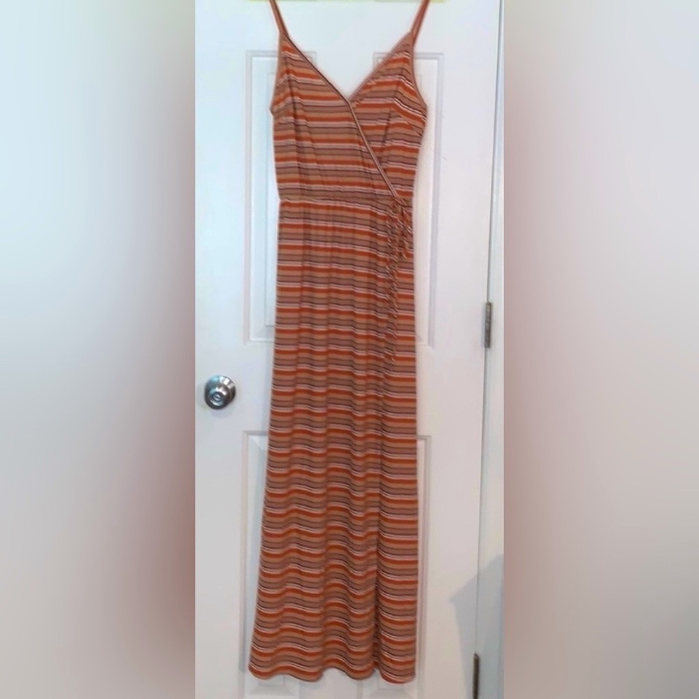 Trendy IS stripe it wrap dress with spaghetti straps, orange, beige, brown white